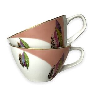 Teacup Set Fine China Feather Design Gold Brim Crafters Decoration Tea Party